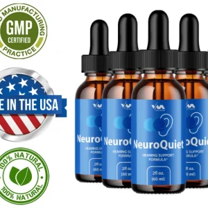 6 flasker NeuroQuiet hørselsstøtte med norsk flagg, Made in the USA-merke, 100 % naturlig og GMP-sertifisering.