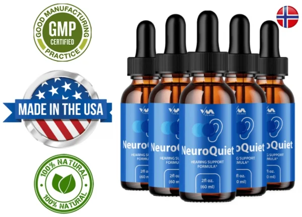6 flasker NeuroQuiet hørselsstøtte med norsk flagg, Made in the USA-merke, 100 % naturlig og GMP-sertifisering.
