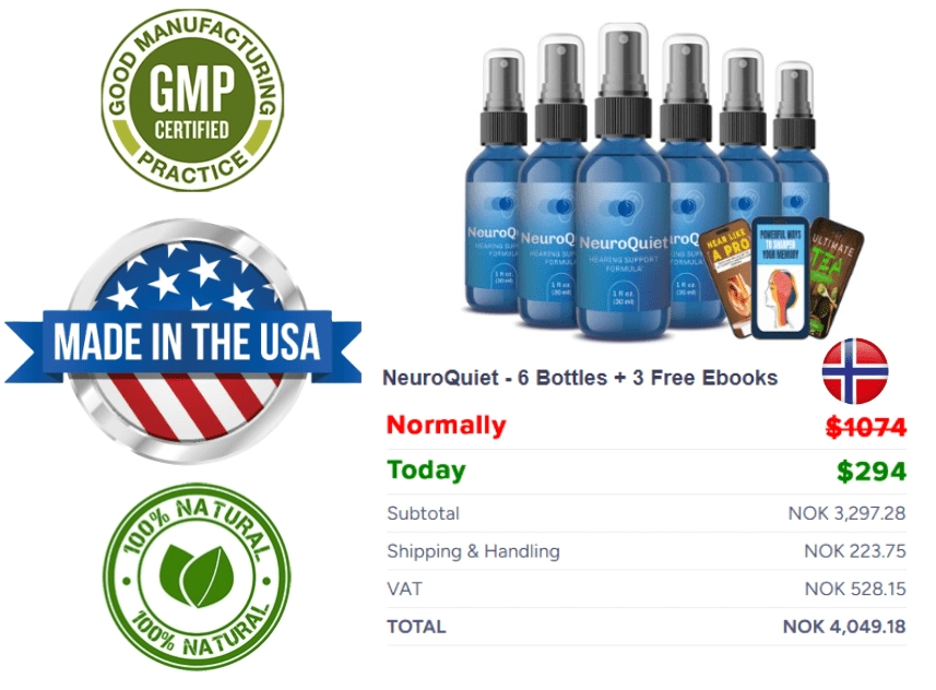 NeuroQuiet 6 flasker med 3 gratis e-bøker – Made in the USA, 100 % naturlig, GMP-sertifisert, norsk flagg og prisdetaljer i NOK.